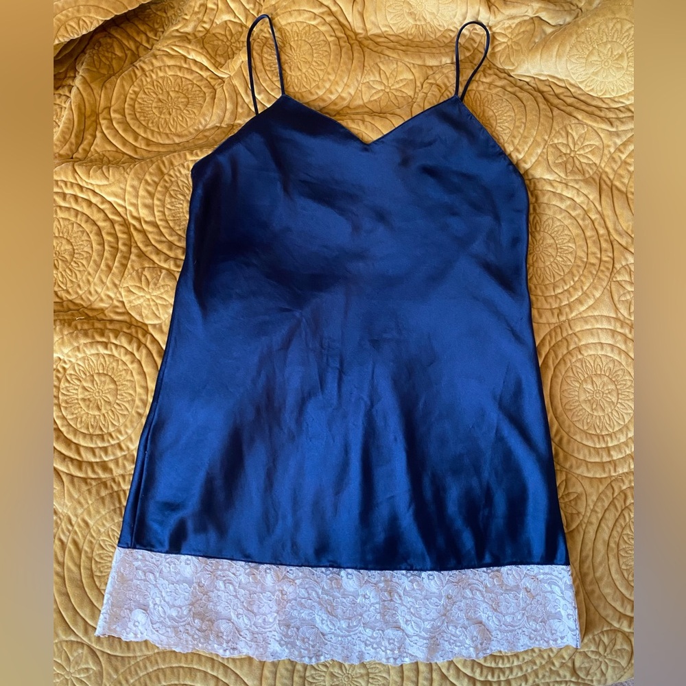 Vintage Calvin Klein Navy Blue Satin Ivory
Lace Trim Mini Slip Dress S